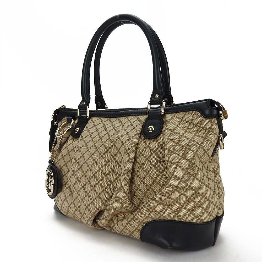 Gucci Diamante Leather Canvas Beige Brown Black Shoulder Strap 2way Handbag - Picture 2 of 9